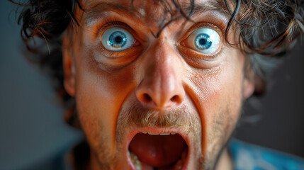 Man with wild hair and wide, intense blue eyes, mouth open in a scream. The close-up captures a moment of shock or intense emotion, highlighted by dramatic lighting.