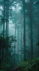 Obraz premium Sunlight filters through a thick fog in a lush, green forest