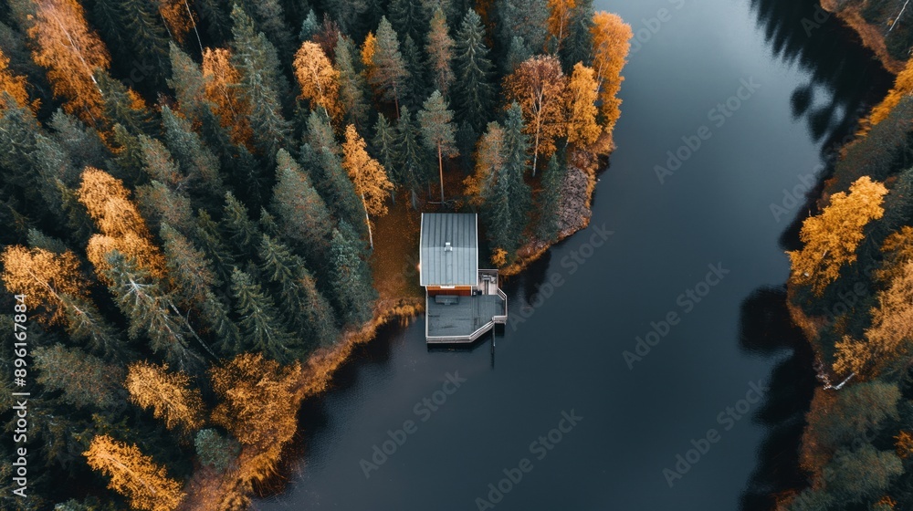 Sticker Aerial view of a cabin by a lake surrounded by autumn forest with trees displaying fall foliage colors.