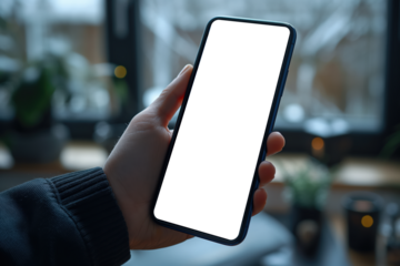 Hand holding smartphone with transparent png screen in modern interior setting