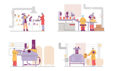 Cosmetics production industry vector set, moving automatic conveyor line, mixer tank and filling machine, lab with staff