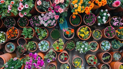 Naklejka premium Top-down view of a flower nursery with various blooms in pots, creating a colorful mosaic.