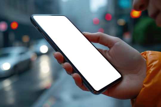 Hand holding smartphone with transparent screen in urban evening setting