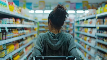 Candid in a Grocery Store: A woman shopping for groceries, pushing a cart and reading labels.

