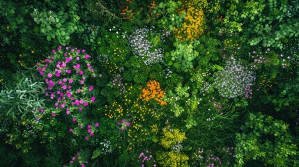 Obraz premium Top-down view of a wildflower patch in a forest clearing, bursting with vibrant colors.