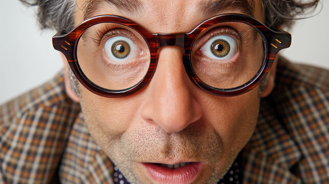 Man with wide eyes and surprised expression, wearing round glasses and a plaid jacket. The close-up captures an animated and quirky moment.