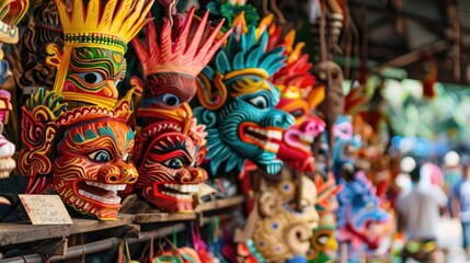Fototapeta premium Brightly colored festival masks displayed in a market.