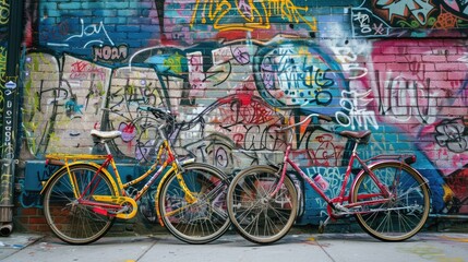 Brightly painted vintage bicycles leaning against a wall covered in graffiti art.