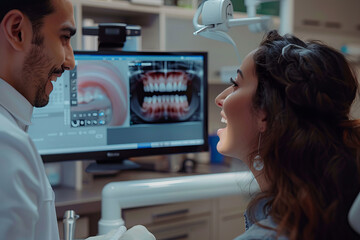Smiling patient discussing dental treatment with dentist in office