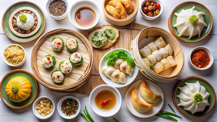 a top-down view image featuring a traditional Cantonese yum-cha meal, an Asian gourmet cuisine dish, served on a white plate. Arrange the dish neatly on the plate,