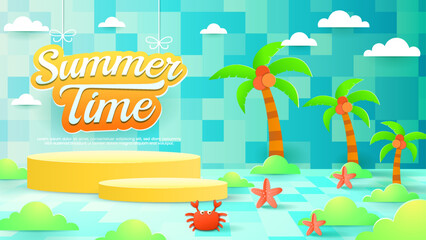Summer holiday podium with paper cut style symbols and icons for greeting cards. Invitation background. Ideal for advertising, banners, cards, stickers and greeting card.