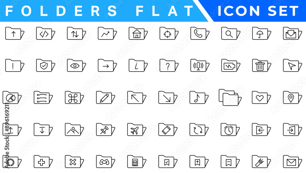 Poster folders flat line icons set. file catalog, document search, folder synchronization, local network ve