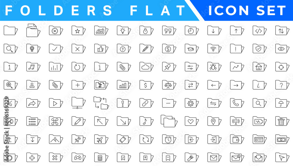 Poster folders flat line icons set. file catalog, document search, folder synchronization, local network ve