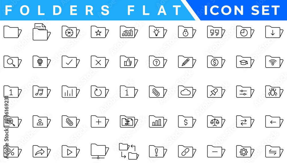 Poster folders flat line icons set. file catalog, document search, folder synchronization, local network ve