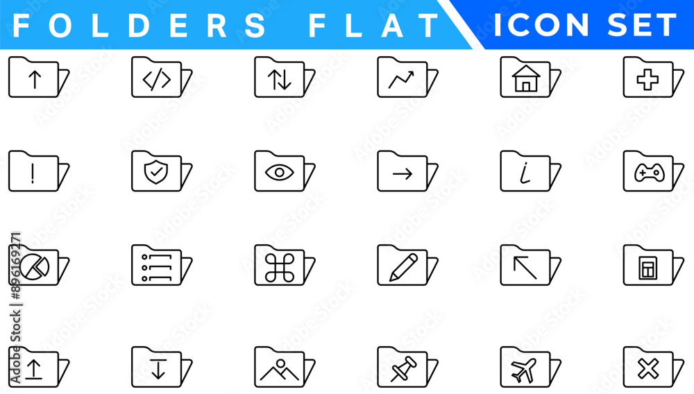 Poster folders flat line icons set. file catalog, document search, folder synchronization, local network ve