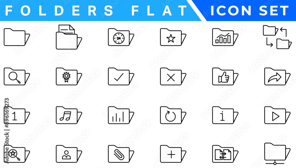 Poster folders flat line icons set. file catalog, document search, folder synchronization, local network ve