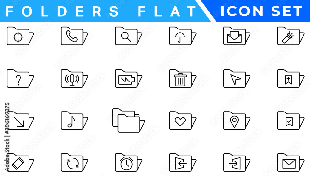 Poster folders flat line icons set. file catalog, document search, folder synchronization, local network ve