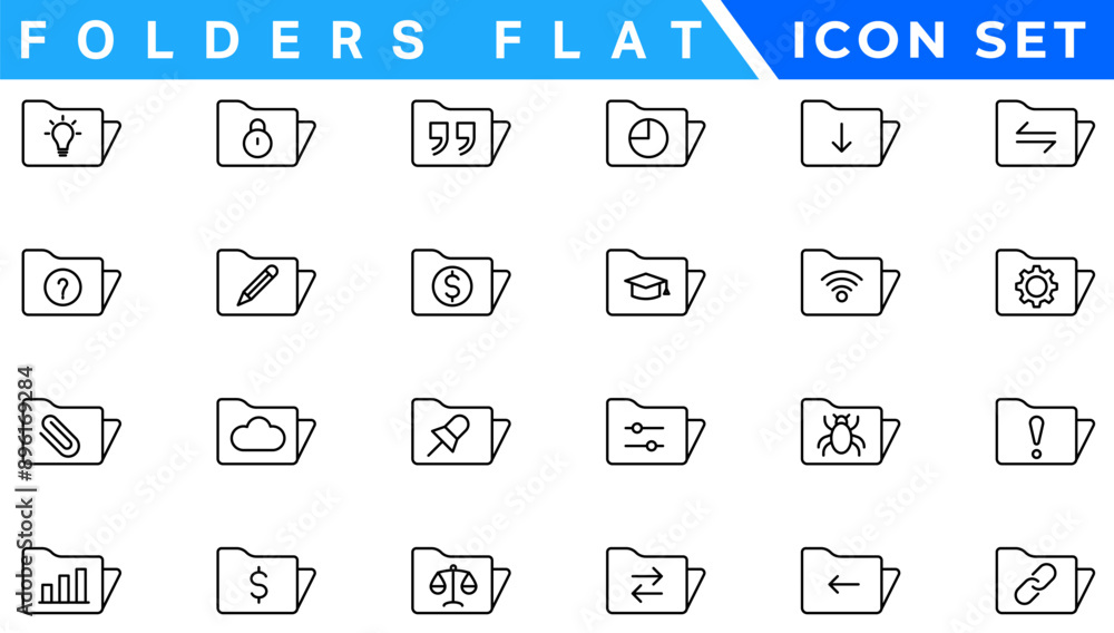 Poster folders flat line icons set. file catalog, document search, folder synchronization, local network ve