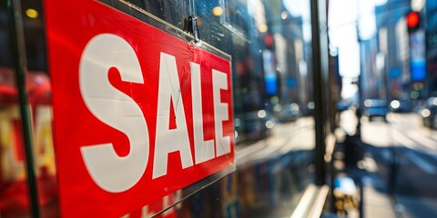 Urban Sale Vibes: Close-up on a Bold "SALE" Sign in a Bustling City