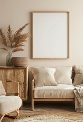 Light wood sideboard with an empty wooden frame, dried flowers in a vase, cozy living room with white walls and soft lighting, minimalist vector illustration