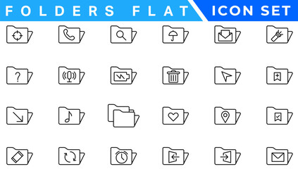 Folders flat line icons set. File catalog, document search, folder synchronization, local network vector illustrations. Outline minimal signs for web site