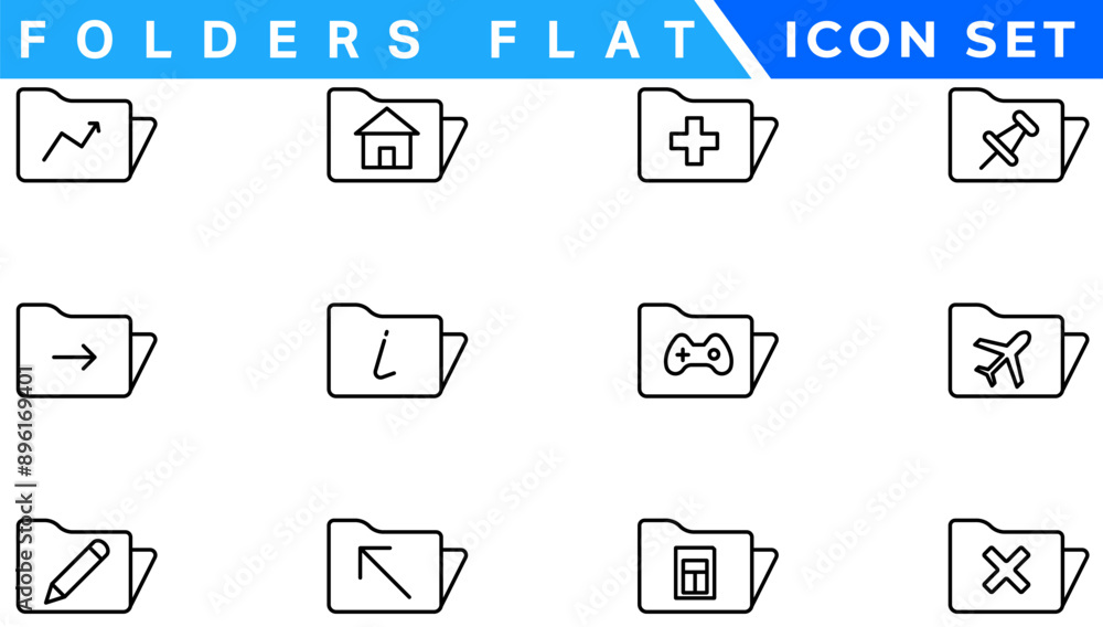 Poster folders flat line icons set. file catalog, document search, folder synchronization, local network ve