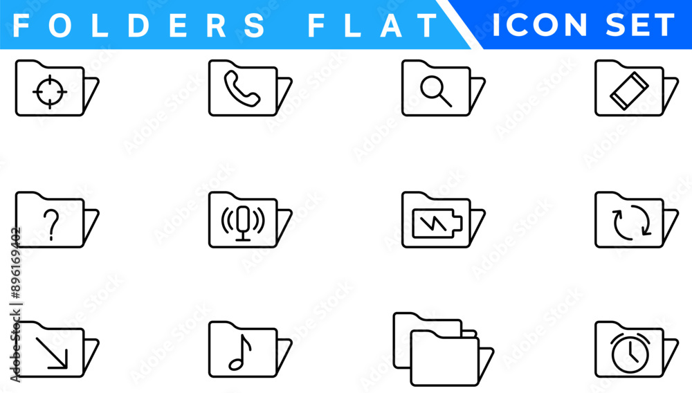 Poster folders flat line icons set. file catalog, document search, folder synchronization, local network ve