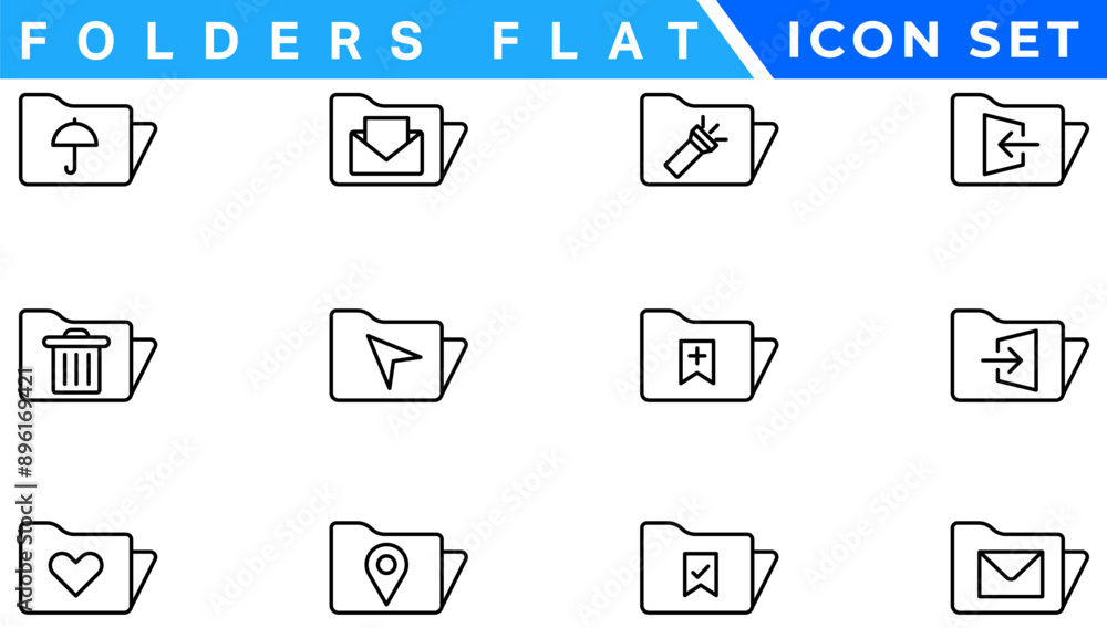 Poster folders flat line icons set. file catalog, document search, folder synchronization, local network ve