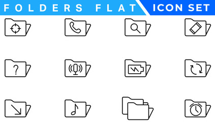 Folders flat line icons set. File catalog, document search, folder synchronization, local network vector illustrations. Outline minimal signs for web site