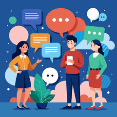Characters conversation concept with people and speech bubbles. Colleagues discuss business information, in social network style