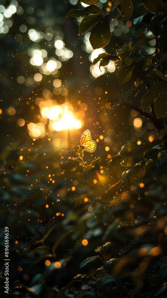 Poster a single butterfly perched on a branch with warm light filtering through foliage