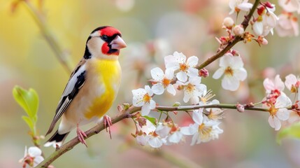 Fototapeta premium A Yellow and Red Bird Perched on a Branch of Blossoming Flowers