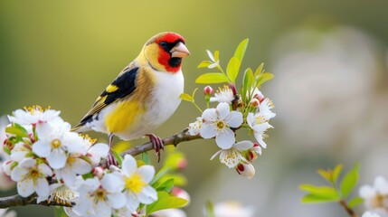Goldfinch Perched on a Branch of Delicate White Blossoms