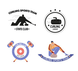 Curling club logo emblem design with inscription, vector label set with ice target, curling stone and brush sport player