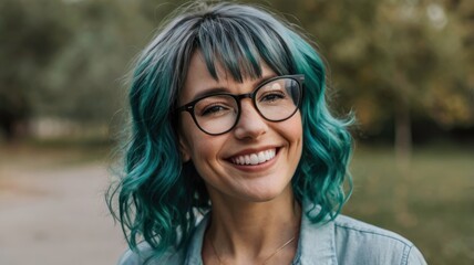 Obraz premium Content teal-haired woman with glasses, smiling outdoors