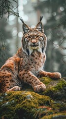 Obraz premium Lynx Sitting on a Mossy Rock in the Forest