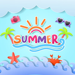 Summer holiday with paper cut style symbols and icons for greeting cards. Invitation background. Ideal for advertising, banners, cards, stickers and greeting card.