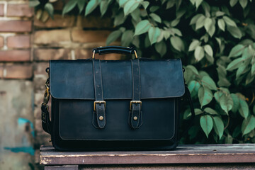 Black leather briefcase sitting on wooden bench outdoors