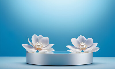 Beauty Product Showcase White Pearl Podium with Pale Blue Backdrop and Floating Petals





