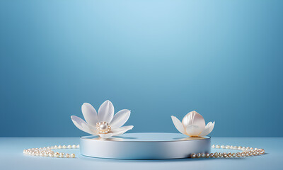 Smooth White Pearl Iridescence Minimalist Pale Blue Backdrop Floating Petals