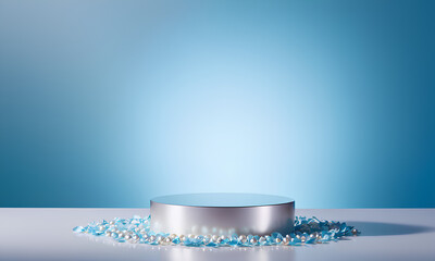 White Pearl Podium with Iridescent Finish Pale Blue Background and Floating Petals
