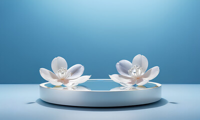 Iridescent White Pearl Podium Minimalist Pale Blue Backdrop with Delicate Petals
