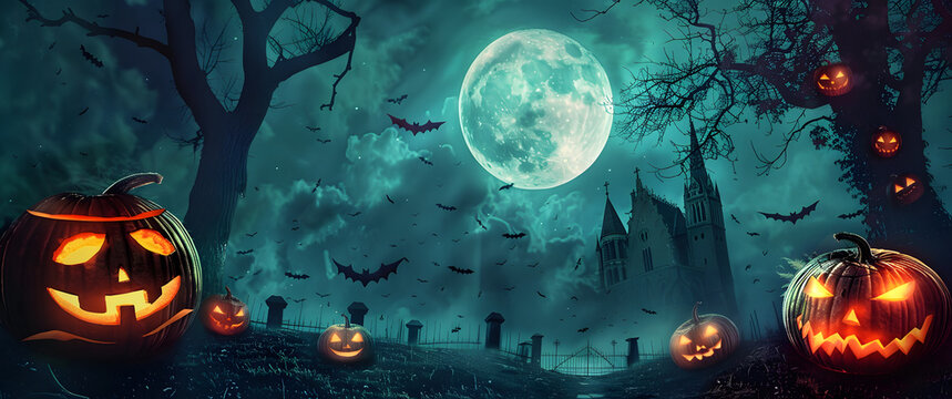 Pumpkin zombie Rising Out Of A Graveyard cemetery and church In Spooky scary dark Night full moon bats on tree. Holiday event halloween banner background concept.