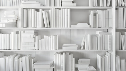 many White books on white shelves, seamless white library background