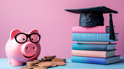 Graduation cap on the stack of books, coins and saving pig in glasses on the table with pink backdrop. Student loan banner