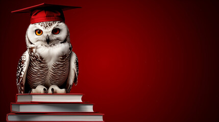 White polar owl in red graduation cap on the stack of books isolated in dark red colour background. College, university, education cources banner with copy space