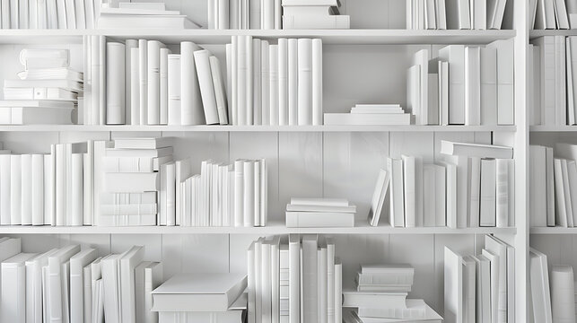 many White books on white shelves, seamless white library background