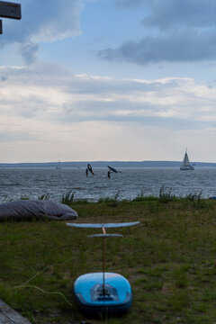 Wingfoil rider riding in the lake.