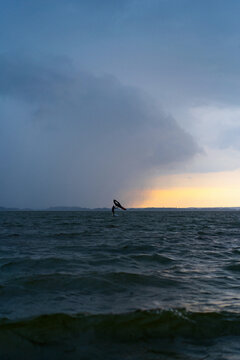 Wingfoil rider riding in the lake.