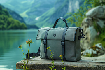 Stylish green messenger bag sitting on wooden surface by lake and mountains